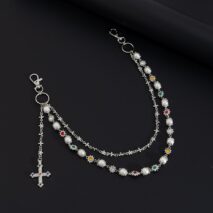 Trendy Layered Cross Pendant Flower Rhinestone Pearl Trouser Chain - ArtGalleryZen