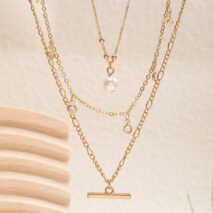 Trendy Layered CZ Tassel Bar Pearl Pendant Cable Chain Necklace Set - ArtGalleryZen