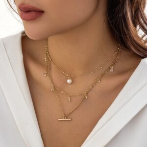 Trendy Layered CZ Tassel Bar Pearl Pendant Cable Chain Necklace Set - ArtGalleryZen