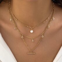 Trendy Layered CZ Tassel Bar Pearl Pendant Cable Chain Necklace Set - ArtGalleryZen