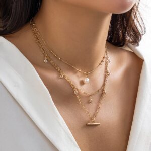 Trendy Layered CZ Tassel Bar Pearl Pendant Cable Chain Necklace Set - ArtGalleryZen