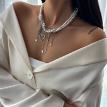 Trendy Layered Heart Pendant Star Cross Tassel Pearl Chain Necklace - ArtGalleryZen