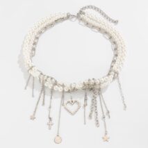 Trendy Layered Heart Pendant Star Cross Tassel Pearl Chain Necklace - ArtGalleryZen