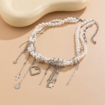 Trendy Layered Heart Pendant Star Cross Tassel Pearl Chain Necklace - ArtGalleryZen