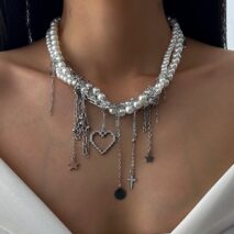 Trendy Layered Heart Pendant Star Cross Tassel Pearl Chain Necklace - ArtGalleryZen
