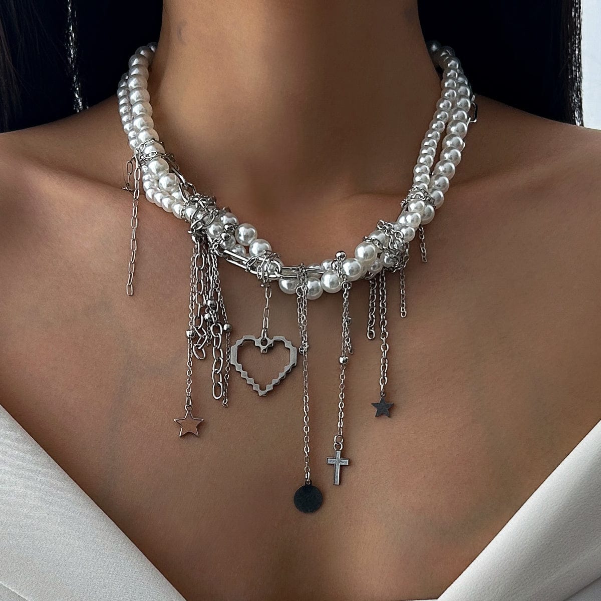 Trendy Layered Heart Pendant Star Cross Tassel Pearl Chain Necklace - ArtGalleryZen