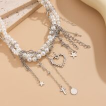 Trendy Layered Heart Pendant Star Cross Tassel Pearl Chain Necklace - ArtGalleryZen