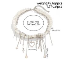 Trendy Layered Heart Pendant Star Cross Tassel Pearl Chain Necklace - ArtGalleryZen