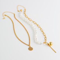 Trendy Layered Irregular Pearl Chain Round Disk Ball Pendant Necklace Set - ArtGalleryZen