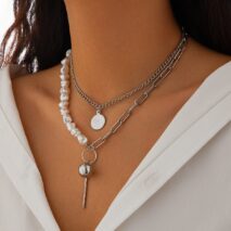Trendy Layered Irregular Pearl Chain Round Disk Ball Pendant Necklace Set - ArtGalleryZen