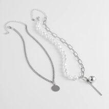 Trendy Layered Irregular Pearl Chain Round Disk Ball Pendant Necklace Set - ArtGalleryZen
