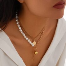 Trendy Layered Irregular Pearl Chain Round Disk Ball Pendant Necklace Set - ArtGalleryZen
