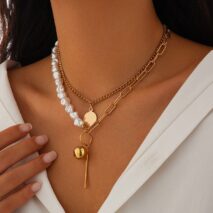 Trendy Layered Irregular Pearl Chain Round Disk Ball Pendant Necklace Set - ArtGalleryZen