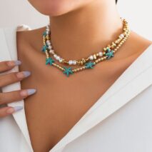 Trendy Layered Irregular Stone Pearl Starfish Ball Chain Necklace Set - ArtGalleryZen