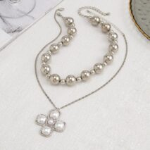 Trendy Layered Pearl Inlaid Cross Pendant Ball Chain Necklace Set - ArtGalleryZen