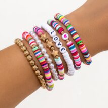 Trendy Layered Polymer Clay Star Love Pearl Chain Stackable Bracelet Set - ArtGalleryZen