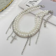 Trendy Layered Rhinestone Inlaid Cross Tassel Pearl Chain Anklet - ArtGalleryZen