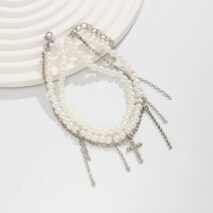 Trendy Layered Rhinestone Inlaid Cross Tassel Pearl Chain Anklet - ArtGalleryZen