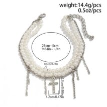 Trendy Layered Rhinestone Inlaid Cross Tassel Pearl Chain Anklet - ArtGalleryZen