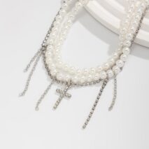 Trendy Layered Rhinestone Inlaid Cross Tassel Pearl Chain Anklet - ArtGalleryZen