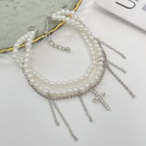Trendy Layered Rhinestone Inlaid Cross Tassel Pearl Chain Anklet - ArtGalleryZen