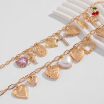 Trendy Layered Rhinestone Pearl Inlaid Heart Cross Pendant Necklace Set - ArtGalleryZen