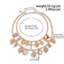 Trendy Layered Rhinestone Pearl Inlaid Heart Cross Pendant Necklace Set - ArtGalleryZen
