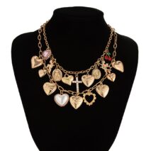 Trendy Layered Rhinestone Pearl Inlaid Heart Cross Pendant Necklace Set - ArtGalleryZen