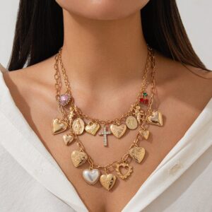 Trendy Layered Rhinestone Pearl Inlaid Heart Cross Pendant Necklace Set - ArtGalleryZen