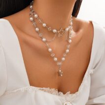 Trendy Layered Star Pendant Pearl Crystal Chain Necklace - ArtGalleryZen