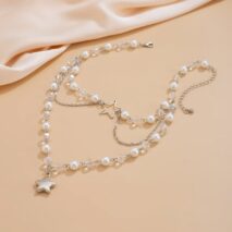 Trendy Layered Star Pendant Pearl Crystal Chain Necklace - ArtGalleryZen