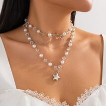 Trendy Layered Star Pendant Pearl Crystal Chain Necklace - ArtGalleryZen