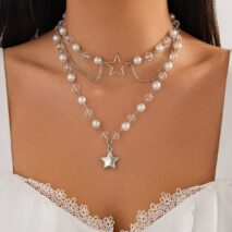 Trendy Layered Star Pendant Pearl Crystal Chain Necklace - ArtGalleryZen