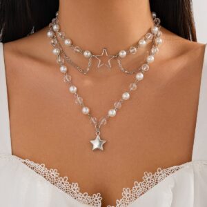 Trendy Layered Star Pendant Pearl Crystal Chain Necklace - ArtGalleryZen