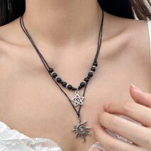 Trendy Layered Sun Star Pendant Wax Cord String Necklace Set - ArtGalleryZen