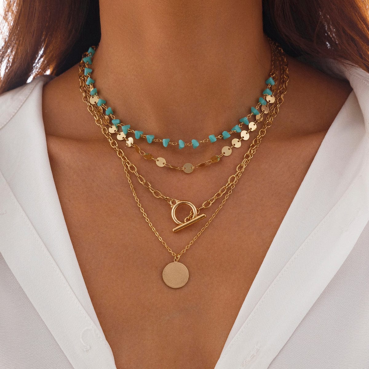 Trendy Layered Toggle Clasp Round Disk Pendant Crystal Stone Necklace Set - ArtGalleryZen