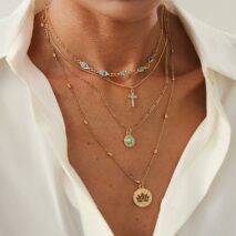 Trendy Layered Turquoise Inlaid Lotus Round Disk Cross Pendant Necklace Set - ArtGalleryZen