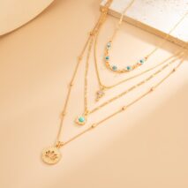 Trendy Layered Turquoise Inlaid Lotus Round Disk Cross Pendant Necklace Set - ArtGalleryZen