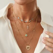 Trendy Layered Turquoise Inlaid Lotus Round Disk Cross Pendant Necklace Set - ArtGalleryZen