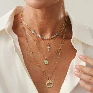 Trendy Layered Turquoise Inlaid Lotus Round Disk Cross Pendant Necklace Set - ArtGalleryZen