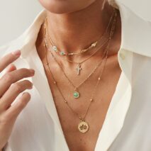 Trendy Layered Turquoise Inlaid Lotus Round Disk Cross Pendant Necklace Set - ArtGalleryZen