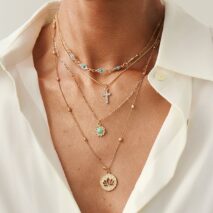 Trendy Layered Turquoise Inlaid Lotus Round Disk Cross Pendant Necklace Set - ArtGalleryZen
