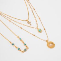 Trendy Layered Turquoise Inlaid Lotus Round Disk Cross Pendant Necklace Set - ArtGalleryZen
