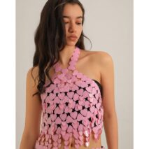 Trendy Pink Lingerie Halter Top Backless Glitter Heart Sequins Bra - ArtGalleryZen