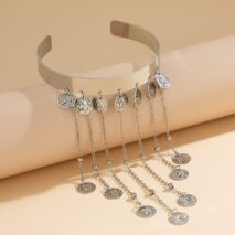 Trendy Relief Coin Tassel Saturn Chain Open Arm Cuff - ArtGalleryZen