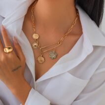 Trendy Rhinestone Inlaid Flower Sun Relief Disk Charm Paperclip Necklace - ArtGalleryZen
