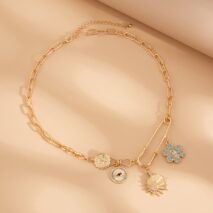Trendy Rhinestone Inlaid Flower Sun Relief Disk Charm Paperclip Necklace - ArtGalleryZen