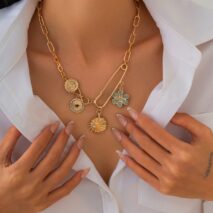 Trendy Rhinestone Inlaid Flower Sun Relief Disk Charm Paperclip Necklace - ArtGalleryZen