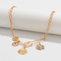 Trendy Rhinestone Inlaid Flower Sun Relief Disk Charm Paperclip Necklace - ArtGalleryZen