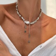 Trendy Silver Tone Star Cross Tassel Pearl Charm Necklace - ArtGalleryZen